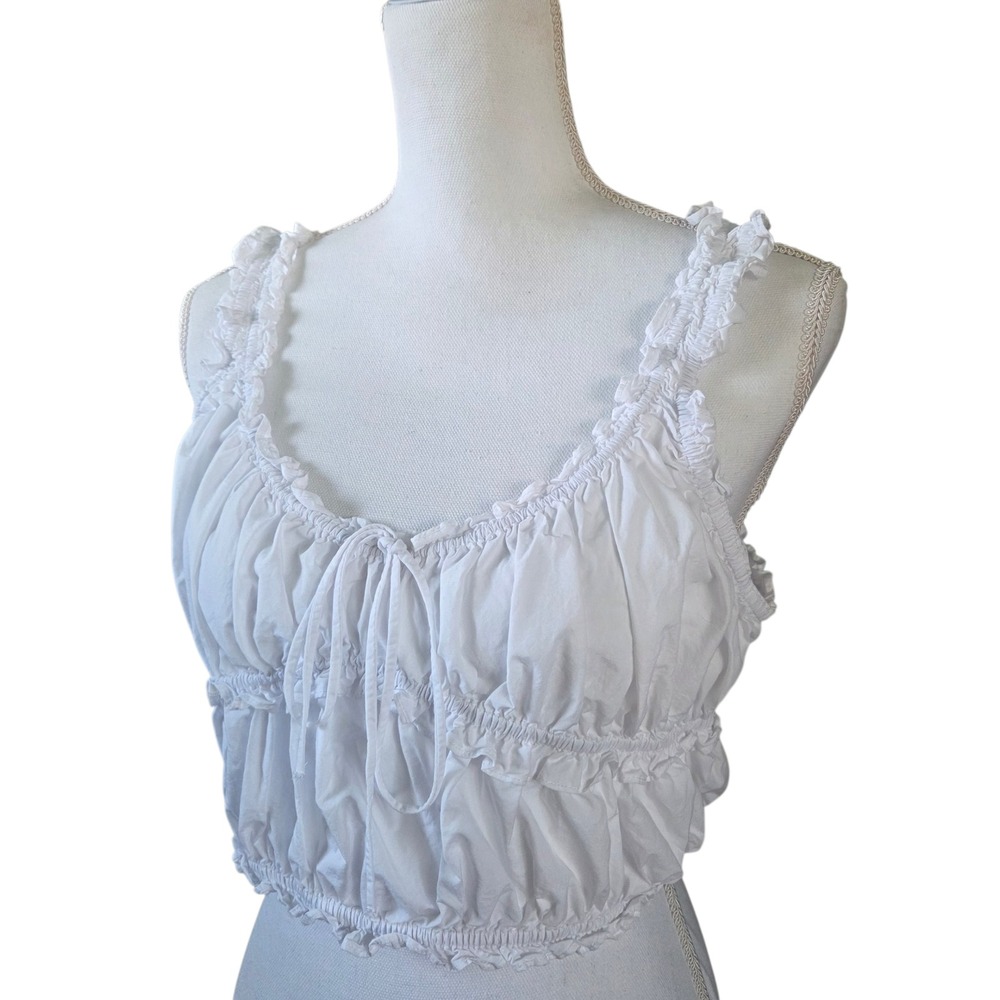 Zara Womens XL White Poplin Cropped Top Ruffle Shirred Cottagecore Boho Tank
